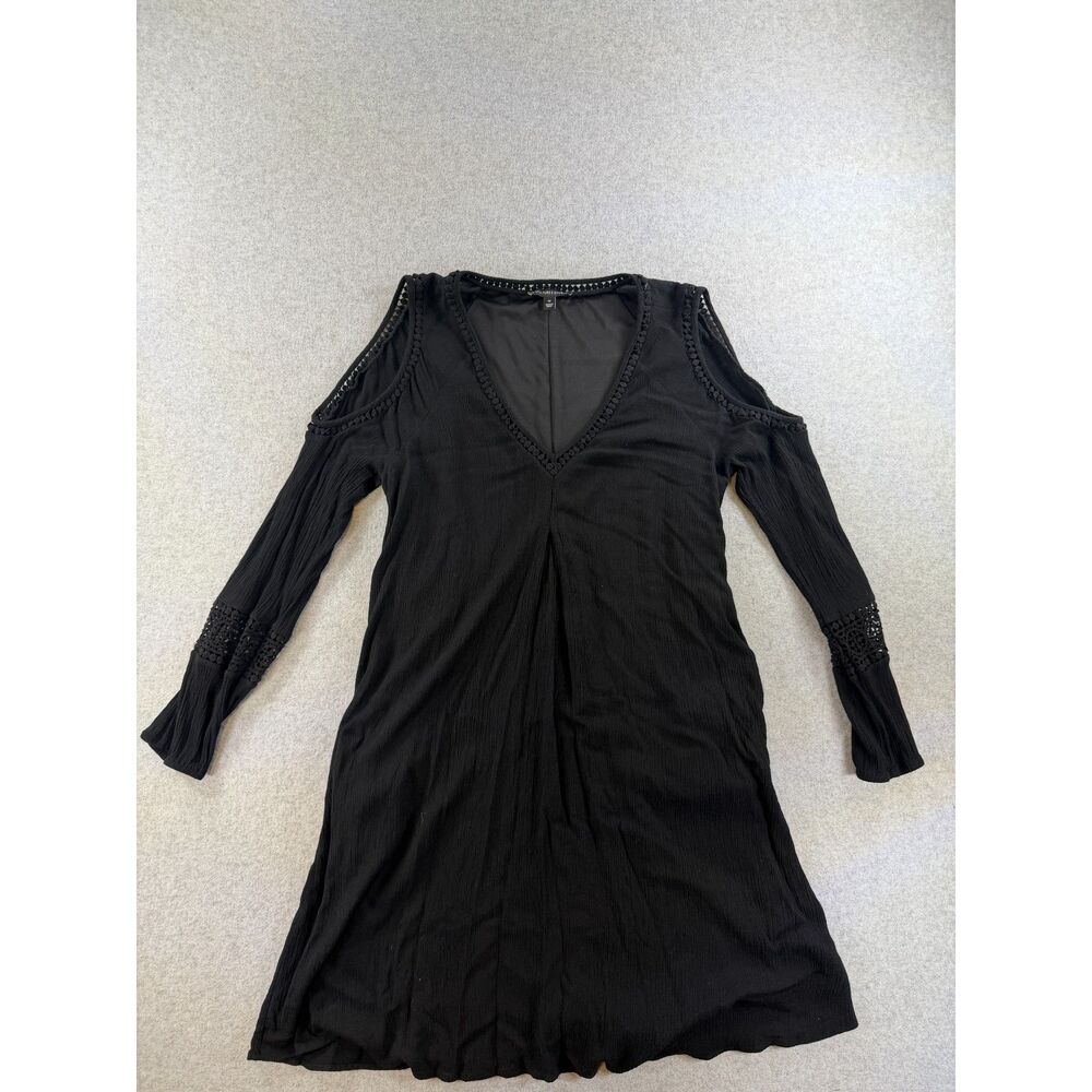 Signature Studio Black Cold Shoulder Lace Trim Dress Pockets Size M 3138